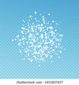 Beautiful falling snow Christmas background. Subtle flying snow flakes and stars on blue transparent background. Beauteous winter silver snowflake overlay template. Exotic vector illustration.