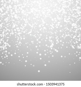 Beautiful falling snow Christmas background. Subtle flying snow flakes and stars on light grey background. Bizarre winter silver snowflake overlay template. Artistic vector illustration.