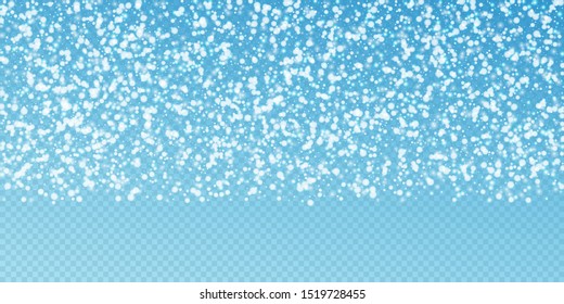 Beautiful falling snow Christmas background. Subtle flying snow flakes and stars on transparent blue background. Adorable winter silver snowflake overlay template. Amusing vector illustration.