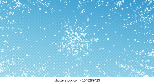 Beautiful falling snow Christmas background. Subtle flying snow flakes and stars on blue transparent background. Appealing winter silver snowflake overlay template. Symmetrical vector illustration.