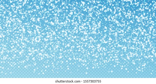 Beautiful falling snow Christmas background. Subtle flying snow flakes and stars on transparent blue background. Adorable winter silver snowflake overlay template. Fancy vector illustration.
