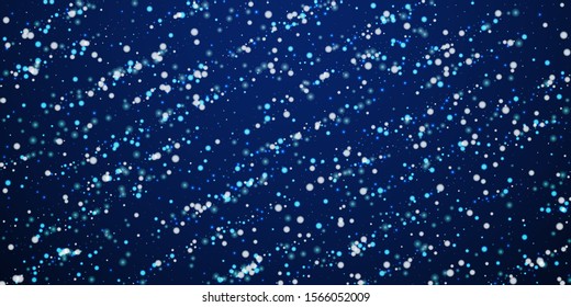 Beautiful falling snow Christmas background. Subtle flying snow flakes and stars on winter sky background. Admirable winter silver snowflake overlay template. Fair vector illustration.