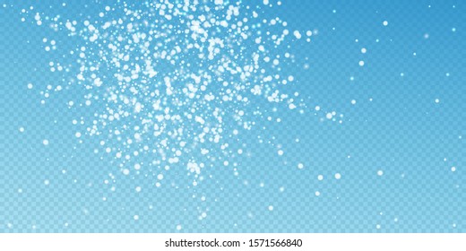 Beautiful falling snow Christmas background. Subtle flying snow flakes and stars on blue transparent background. Astonishing winter silver snowflake overlay template. Symmetrical vector illustration.