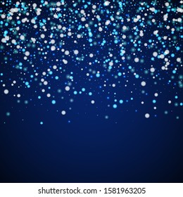Beautiful falling snow Christmas background. Subtle flying snow flakes and stars on dark blue night background. Alive winter silver snowflake overlay template. Impressive vector illustration.