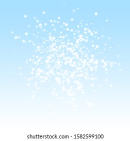 Beautiful falling snow Christmas background. Subtle flying snow flakes and stars on winter sky background. Authentic winter silver snowflake overlay template. Gorgeous vector illustration.
