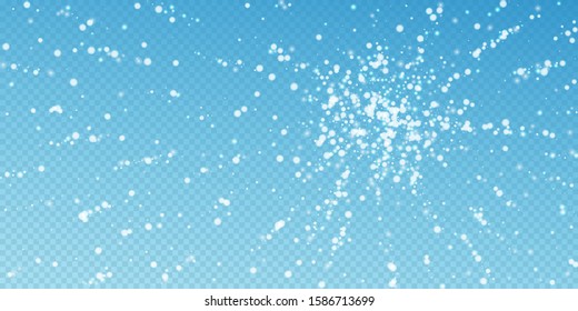Beautiful falling snow Christmas background. Subtle flying snow flakes and stars on blue transparent background. Astonishing winter silver snowflake overlay template. Awesome vector illustration.