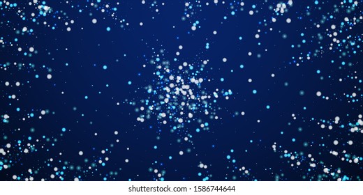 Beautiful falling snow Christmas background. Subtle flying snow flakes and stars on dark blue night background. Appealing winter silver snowflake overlay template. Tempting vector illustration.