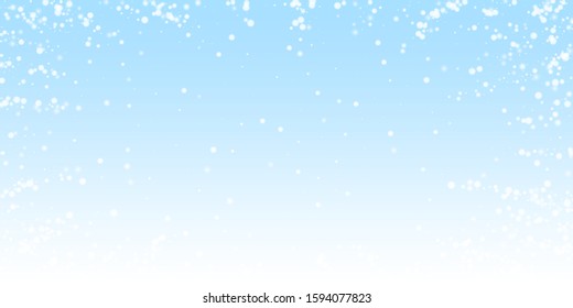 Beautiful falling snow Christmas background. Subtle flying snow flakes and stars on winter sky background. Beautiful winter silver snowflake overlay template. Posh vector illustration.