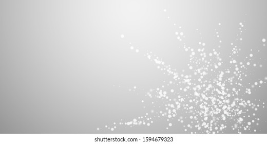 Beautiful falling snow Christmas background. Subtle flying snow flakes and stars on light grey background. Artistic winter silver snowflake overlay template. Original vector illustration.