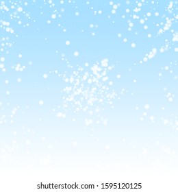 Beautiful falling snow Christmas background. Subtle flying snow flakes and stars on winter sky background. Authentic winter silver snowflake overlay template. Fabulous vector illustration.