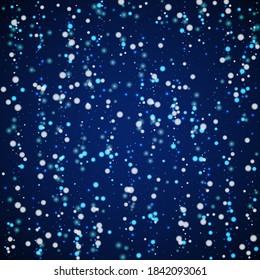 Beautiful falling snow Christmas background. Subtle flying snow flakes and stars on dark blue night background. Alive winter silver snowflake overlay template. Curious vector illustration.