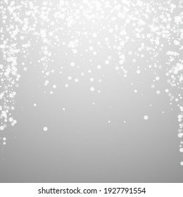 Beautiful Falling Snow Christmas Background. Subtle Flying Snow Flakes And Stars On Light Grey Background. Admirable Winter Silver Snowflake Overlay Template. Ecstatic Vector Illustration.