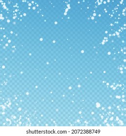 Hermosa caída de la nieve de fondo de Navidad. Sutiles copos de nieve volando y estrellas con fondo azul transparente. Impresionante plantilla de superposición de copos de nieve de plata de invierno. Ilustración vectorial sin defectos.