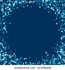 Beautiful falling snow. Corner frame with beautiful falling snow on deep blue background. Vector illustration.