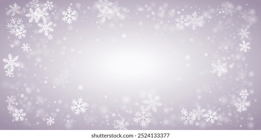 Beautiful falling snow flakes composition. Snowstorm dust frozen granules. Snowfall sky white gray backdrop. Mess snowflakes january vector. Snow nature landscape.