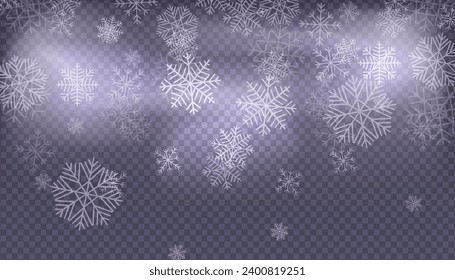 Beautiful falling snow flakes design. Snowflakes falling, Christmas decoration. Christmas snow. Many white cold flake elements on transparent background.