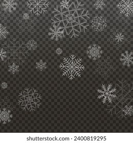 Beautiful falling snow flakes design. Snowflakes falling, Christmas decoration. Christmas snow. Many white cold flake elements on transparent background.