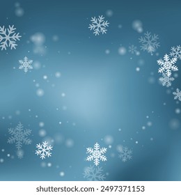 Beautiful falling snow flakes pattern. Snowfall speck frozen shapes. Snowfall sky white teal blue illustration. Scattered snowflakes february texture. Snow cold season scenery.