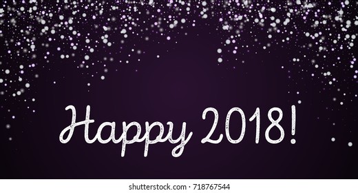 Beautiful falling snow Happy 2018 greeting card on deep purple background. Pleasing vector illustration.