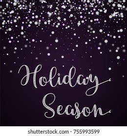 Beautiful falling snow Holiday Season greeting card on deep purple background. Magnificent vector illustration.