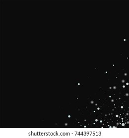 Beautiful falling snow. Messy bottom right corner on black background. Shapely vector illustration.