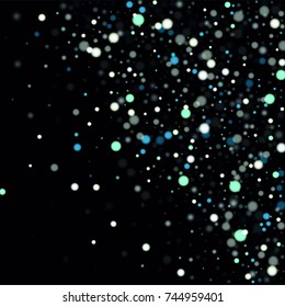 Beautiful Falling Snow on Black. Vector Snowflakes Falling Night Sky. Frosty Christmas Background. Fairy Magical New Year Design Background. Vector illustration.