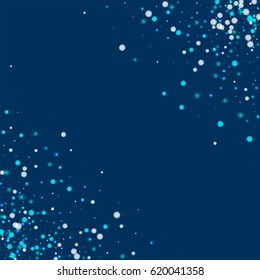 Beautiful falling snow. Scatter cornered border on deep blue background. Vector illustration.