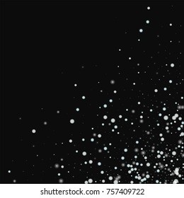 Beautiful falling snow. Scattered bottom right corner on black background. Nice vector illustration.