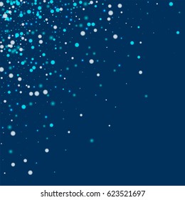 Beautiful falling snow. Scattered top left corner with beautiful falling snow on deep blue background. Vector illustration.