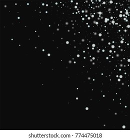 Beautiful falling snow. Scattered top right corner on black background. Comely vector illustration.