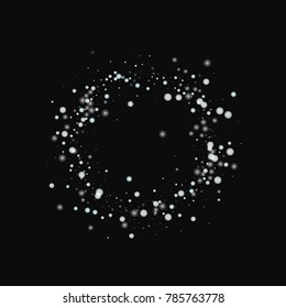 Beautiful falling snow. Small ring frame on black background. Fantastic vector illustration.