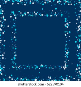 Beautiful falling snow. Square abstract frame with beautiful falling snow on deep blue background. Vector illustration.