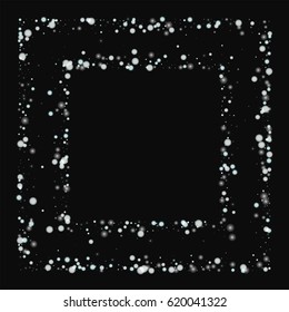 Beautiful falling snow. Square chaotic frame on black background. Vector illustration.