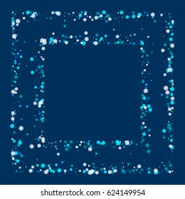 Beautiful falling snow. Square chaotic frame with beautiful falling snow on deep blue background. Vector illustration.