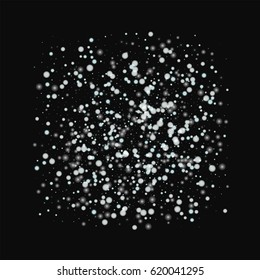 Beautiful falling snow. Square frame on black background. Vector illustration.