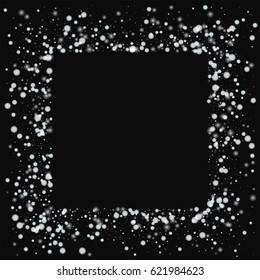 Beautiful falling snow. Square messy frame with beautiful falling snow on black background. Vector illustration.