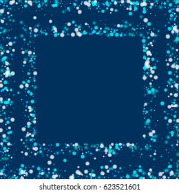 Beautiful falling snow. Square scattered frame with beautiful falling snow on deep blue background. Vector illustration.