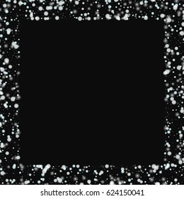 Beautiful falling snow. Square scattered border with beautiful falling snow on black background. Vector illustration.