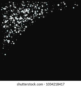 Beautiful falling snow. Top left corner on black background. Adorable vector illustration.