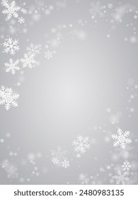 Beautiful falling snowflakes composition. Wintertime speck freeze shapes. Snowfall weather white gray wallpaper. Shimmering snowflakes january texture. Snow hurricane scenery.