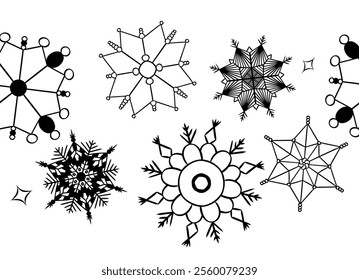 Beautiful falling snowflakes seamless border. Graphic line vector illustration. Snowfall weather white teal blue background. Many snowflakes january theme. Snow hurricane scenery