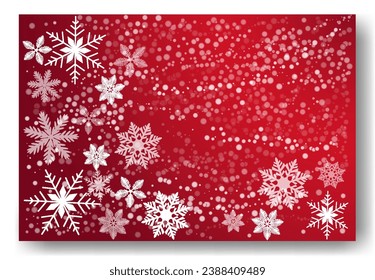 Beautiful falling snowflakes, wallpaper, background with copy space. Winter dust ice particles. Snowfall, red background. Winter snowflakes. January, december, february theme. Snow hurricane scenery