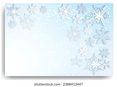 Beautiful falling snowflakes, wallpaper, background with copy space. Winter dust ice particles. Snowfall, blue background. Winter snowflakes. January, december, february theme. Snow hurricane scenery