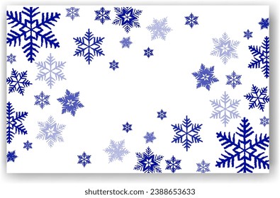 Beautiful falling snowflakes, wallpaper, background with copy space. Winter dust ice particles. Snowfall, blue background. Winter snowflakes. January, december, february theme. Snow hurricane scenery