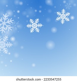 Beautiful falling snowflakes wallpaper. Snowstorm speck ice elements. Snowfall sky white blue illustration. Glimmer snowflakes february texture. Snow nature scenery.