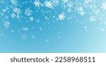 Beautiful falling snowflakes wallpaper. Winter dust ice particles. Snowfall weather white teal blue background. Many snowflakes january theme. Snow hurricane scenery.