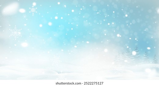 Beautiful falling snowflakes wallpaper. Winter dust ice particles. Snowfall weather white teal blue background. Snowdrifts. Blizzard. Cold weather. Winter season. Many snowflakes january theme. 