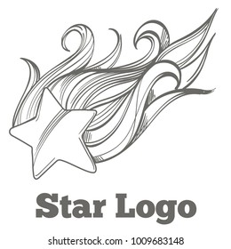 Beautiful falling star, comet. Outline vector illustration isolated on white background.