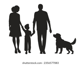 Hermosa familia con niños y perros, ilustración vectorial