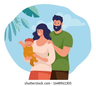 Beautiful family with children on a natural background. Happy mom and dad with baby. Flat cartoon vector illustration isolated on white background.